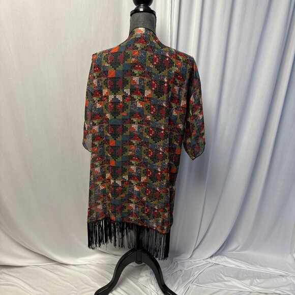 LuLaRoe Patchwork Kimono Cardigan Womens Size Large Fringe Hem Lightweight Boho - Picture 4 of 7